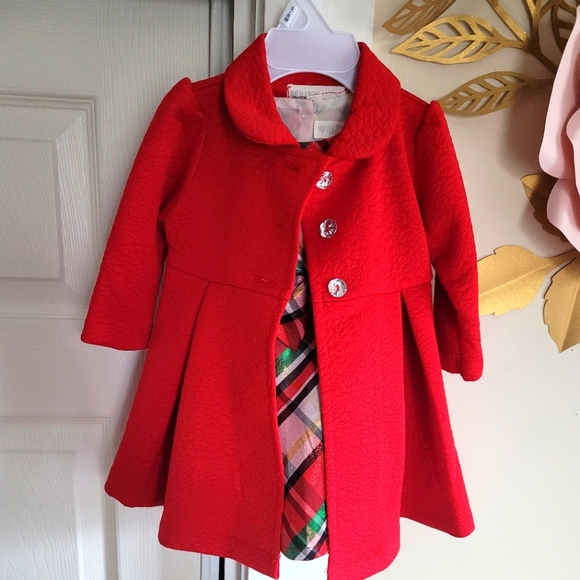 2pc Christmas Dress (3-6 months), red pea coat, green red white plaid dress - Picture 1 of 4